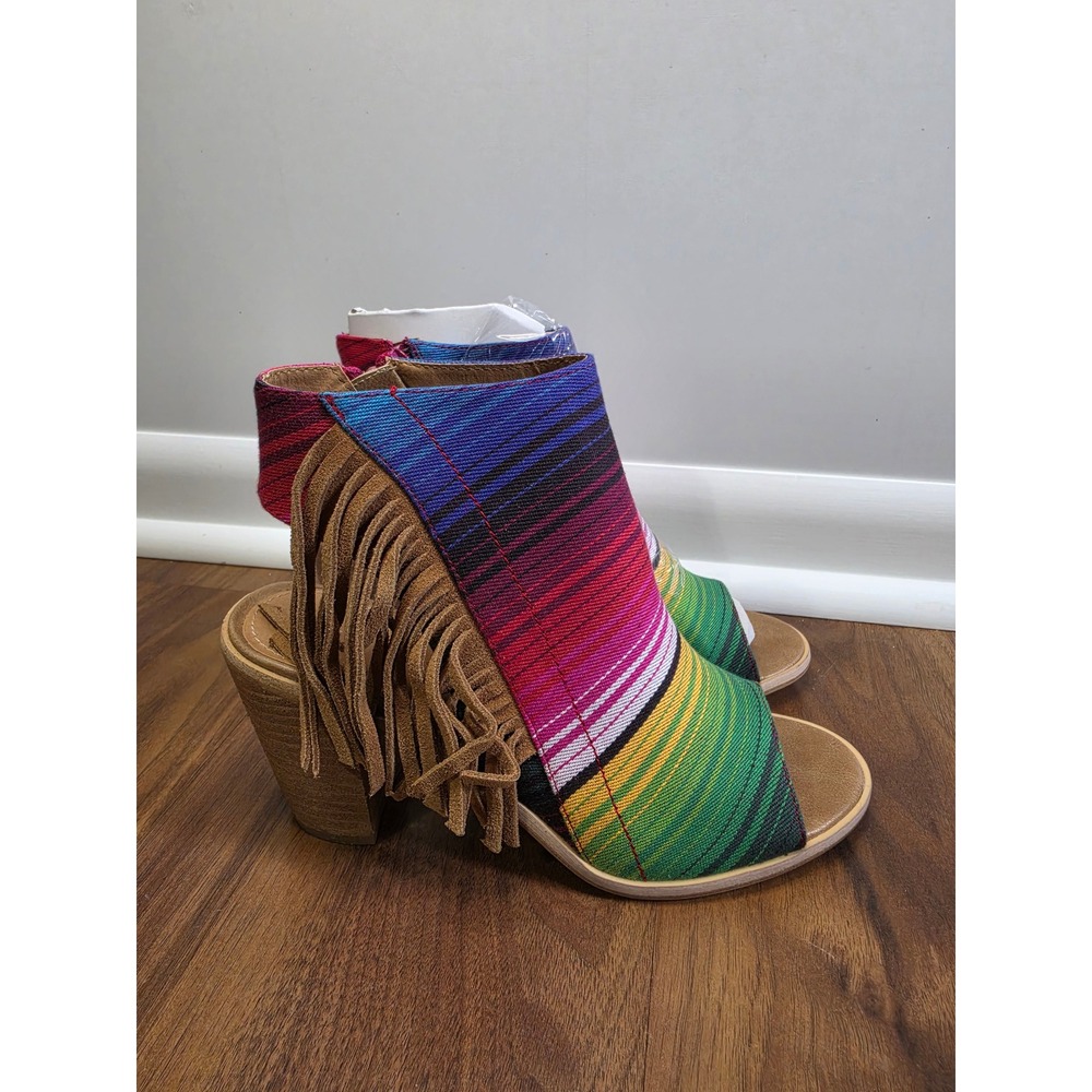 NIB Very Volatile Venus Bootie 8 Serape Multi Color Fringe Open Toe Block Heel